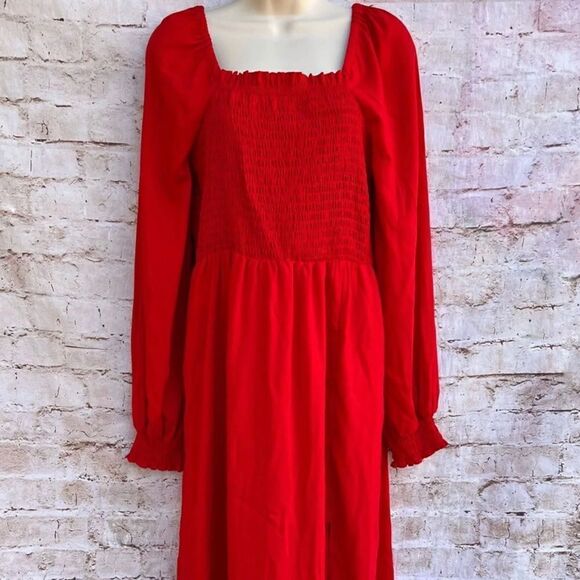LA Ligne Smocked Bodice Midi Red Dress 4X Christmas Holiday Women's NWT - Picture 6 of 11